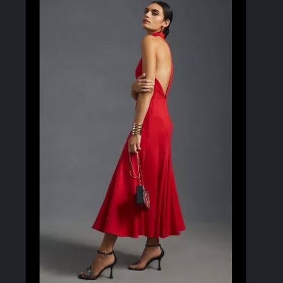 NWOT Anthropologie Red Halter Flounce MIDI Dress With Side Zip - Picture 11 of 11